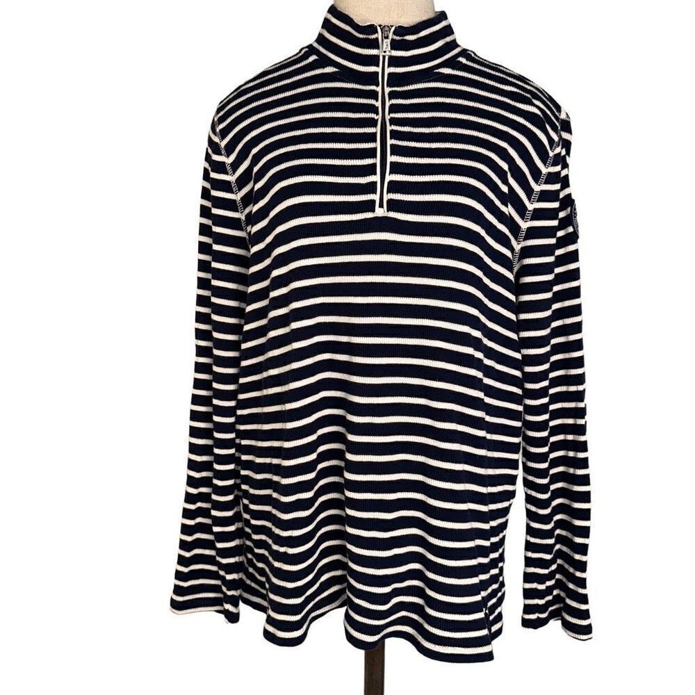 Lauren Ralph Lauren Active Womens 2X Blue White Rib Striped 1/4th Zip Sweatshirt